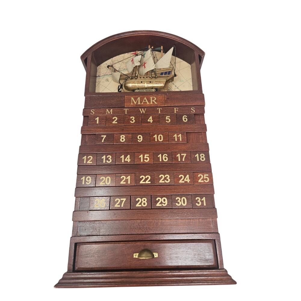 Vintage Heritage Mint Wooden Perpetual Calendar Santa Maria Nautical Ship